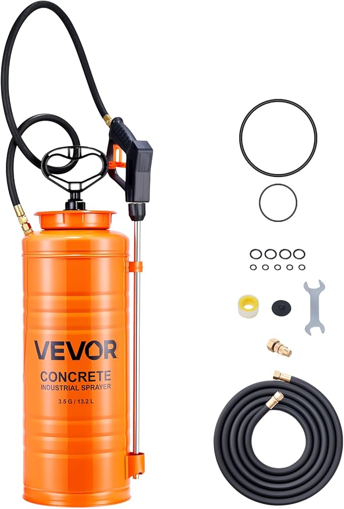 Industrial Concrete Sprayer, 3.5 Gallon Stainless Steel Sprayer, Heavy Duty Tri-Poxy Pump Sprayers, 20.5"Wand with Ergonomic Gun Handle, 48"& 120"Hose, 2 Brass Nozzles for Construction, Garden