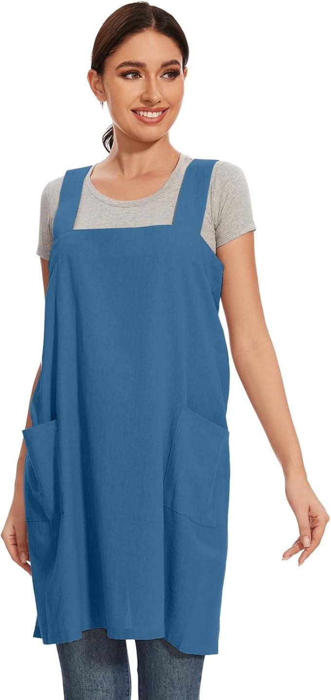 Women Apron with 2 Pockets Cotton Linen Kitchen Baking Cooking Chef Cross Back Pinafore Dress