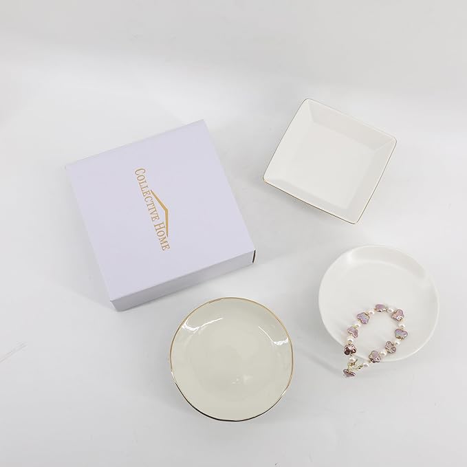 COLLECTIVE HOME - Ceramic Jewelry Tray, Decorative Geometric Jewelry Dish, Luxurious Trinket Tray with High Base, Birthday Mother's Day for Women (Round Glossy Gold)