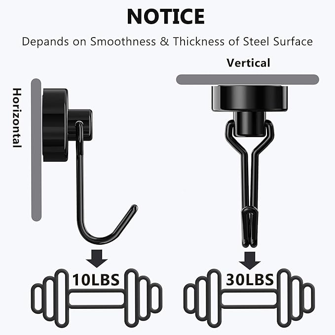 Tohoer Magnetic Hooks, Neodymium Magnets Hook Heavy Duty 30LBS with Rust Proof for Fridge, Refrigerator, Oven, Grill, BBQ, Key, Tools Holder, Utensil, Kitchen, Outdoor, Magnet for Hanging Wreaths