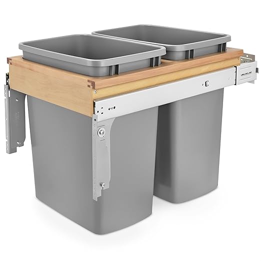 Rev-A-Shelf 35 Qt Top Mount Double Pullout Under Cabinet Kitchen Trash Cans w/Soft-Close, 150 Pound Rated Full-Extension Slides, 15" W, Gray, 4WCTM-18BBSCDM2 - Container Bins for Waste Management