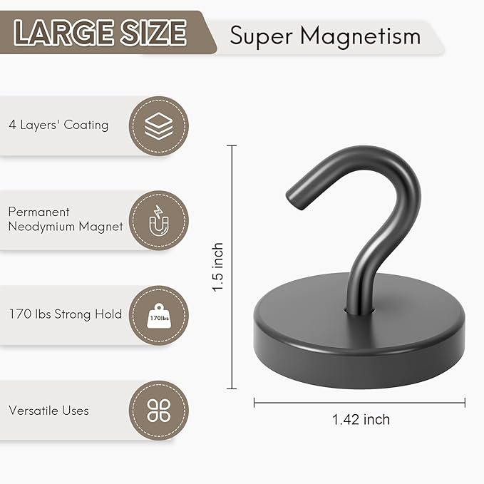 Neosmuk Magnetic Hooks, Heavy Duty 170lb Strong Magnets for Cruise Cabins, Ship Essentials, Large Metal Hooks for Hanging on Fridge(Grey,Pack of 4)
