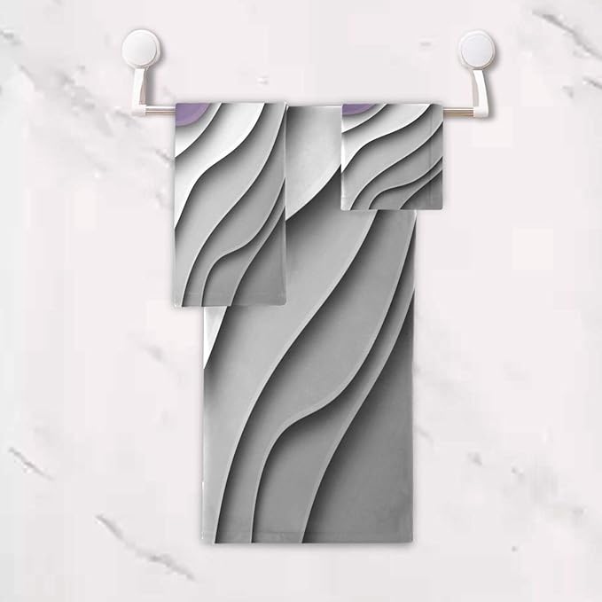 Purple Grey Stirped Bath Towels Set,Absorbent Soft 3 Piece Mid Century Beach Themed Abstract Towels for Bathroom,1 Bath Towel 1 Hand Towel 1 Washcloth,Quick Dry Decoractive Bathroom Towels