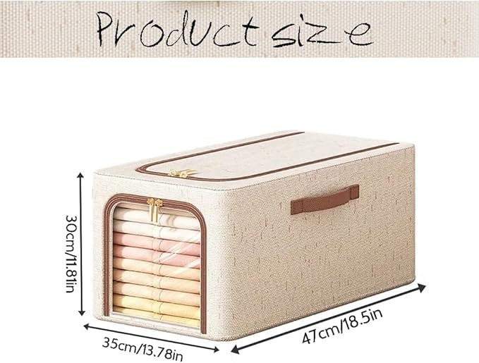 RZJZGZ 49L Clothes Storage Bins with Metal Frame, Foldable Linen Storage Boxes with Lids, Linen Fabric Storage Box with Lid Clear Window（Beige） (Large size)