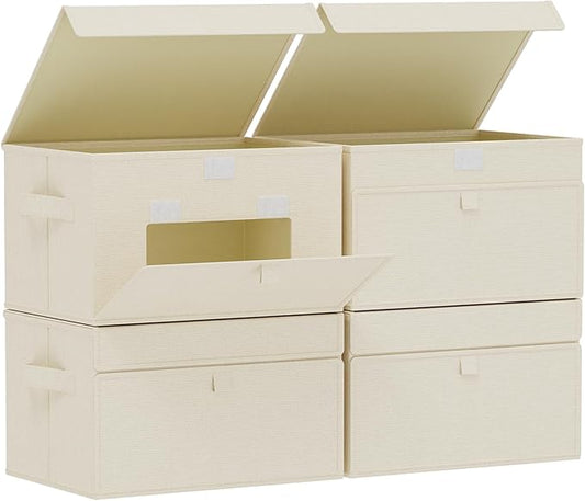Convenient Storage Bins for Taking Clothes, Fabric Boxes with Flip Cover, Collapsible Organizer with Handles, Cube Baskets for Home, Bedroom, Closet, 13x9.1x7.9in, Beige, 4 Pack