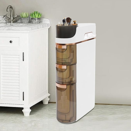 Xuthusman 3 Tier Slim Bathroom Storage Cabinet, Skinny Bathroom Storage Cabinet with Drawers Rollers Movable Narrow Floor Cabinet No-Assembly Narrow Cabinet for Small Spaces Kitchen
