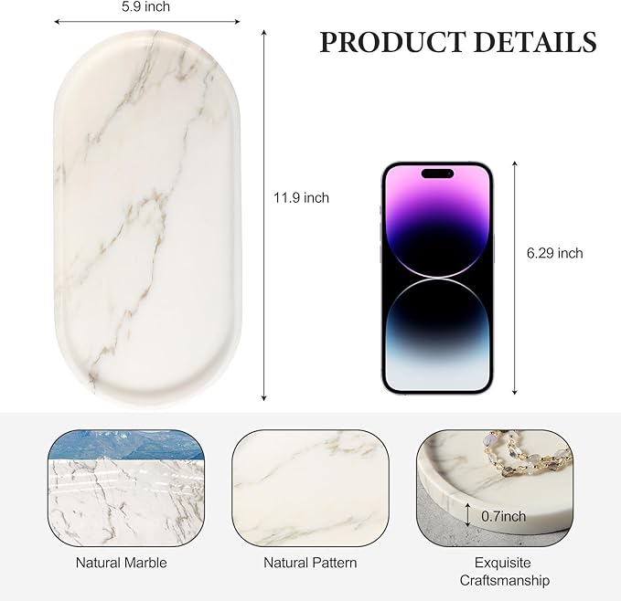 White Marble Tray with Gold Pattern - Decorative Stone Tray for Bathroom & Vanity