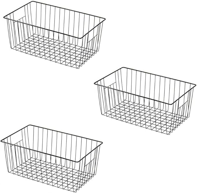 16" L x 12" W Wider Freezer Storage Organizer Baskets Container, Metal Wire Chest Upright Refrigerator Divider Bins with Built-in Handles for Cabinet, Pantry, Closet, Kitchen, Black