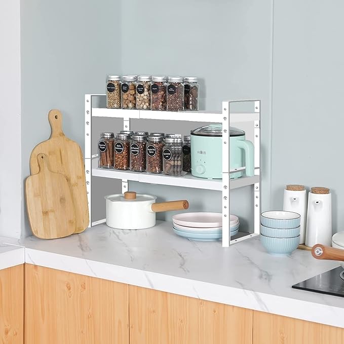 Expandable Stackable Spice Rack Cabinet Shelf Organizer in Cabinets Shelves Kitchen Cupboard Organization Stack up Racks Pantry Countertop Storage Medium/White 2 Packs