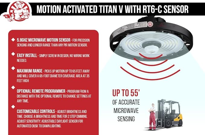 RuggedGrade 100W - Titan VI Series LED High Bay UFO with Motion Sensor - 16,500 Lumens - Color Selectable 3000K/4000K/5000K - Indoor LED Light - DLC 5.1 Premium
