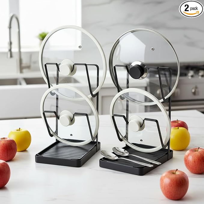 Stainless Steel Kitchen Pot Lid Storage Rack, Pot Lid Holder While Cooking, Multifunctional Pot Lid Organizer with Removable Drip Tray & Spoon Rest, Waterproof & Rustproof (Grey, 2Pack)
