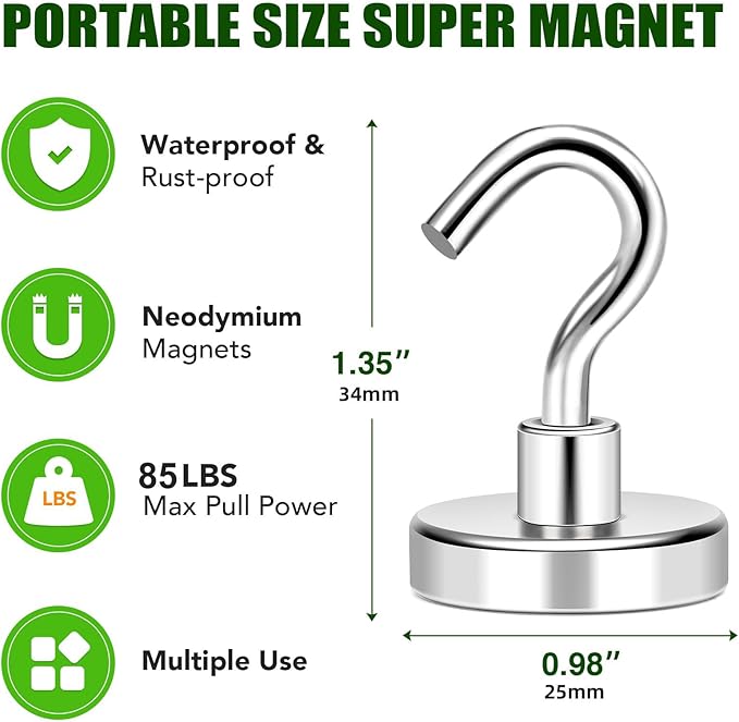 MIKEDE 12 Pack Magnetic Hooks Heavy Duty, 85lbs Strong Magnets with Metal Hooks for Cruise Cabins, Industrial Strength Magnets Hooks Perfect for Hanging on Cruise Ships, Refrigerator