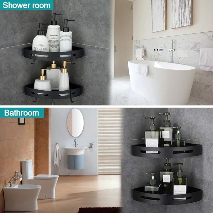Hoomtaook Adhesive Corner Shelf Bathroom Shower Caddy Organizer for Kitchen Toilet No Drilling 2-Tier Bathroom Corner Shelves Shower Caddies