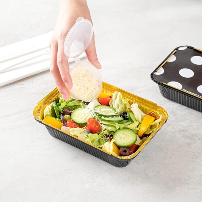 Restaurantware 16 Ounce Disposable Takeout Containers 50 Rectangle Food Containers - With Polka Dot Lids Black And Gold Takeaway Containers Aluminum Delivery Containers Freezable