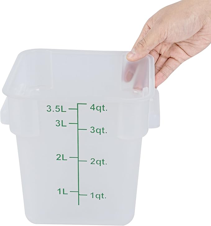 Restaurantware Food Storage Container 1 Pack of 4 qt Plastic Kitchen Storage Bin with Volume Markers Space-Efficient Design Dishwasher-Safe Polypropylene Translucent