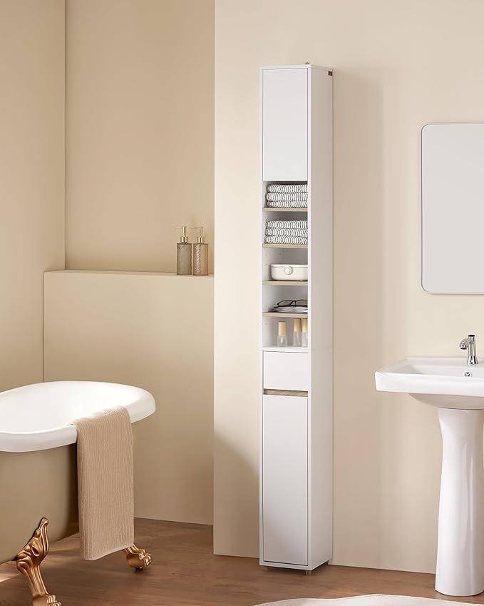 SoBuy Bathroom Narrow Storage Cabinet Skinny Tall Unit with Adjustable Shelves Slender Anti-Tipping Floor Standing Cupboard, White & Natural BZR34-WN