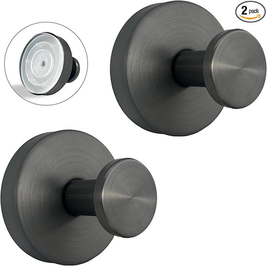 Suction Cup Hooks for Shower - 2 Pack, Gray - Stainless Steel, Strong Suction, No Drill, Removable Hanger, Tile Bathroom Kitchen Wall, Glass Door, Mirror Hook Hanging Robe, Towel Holder