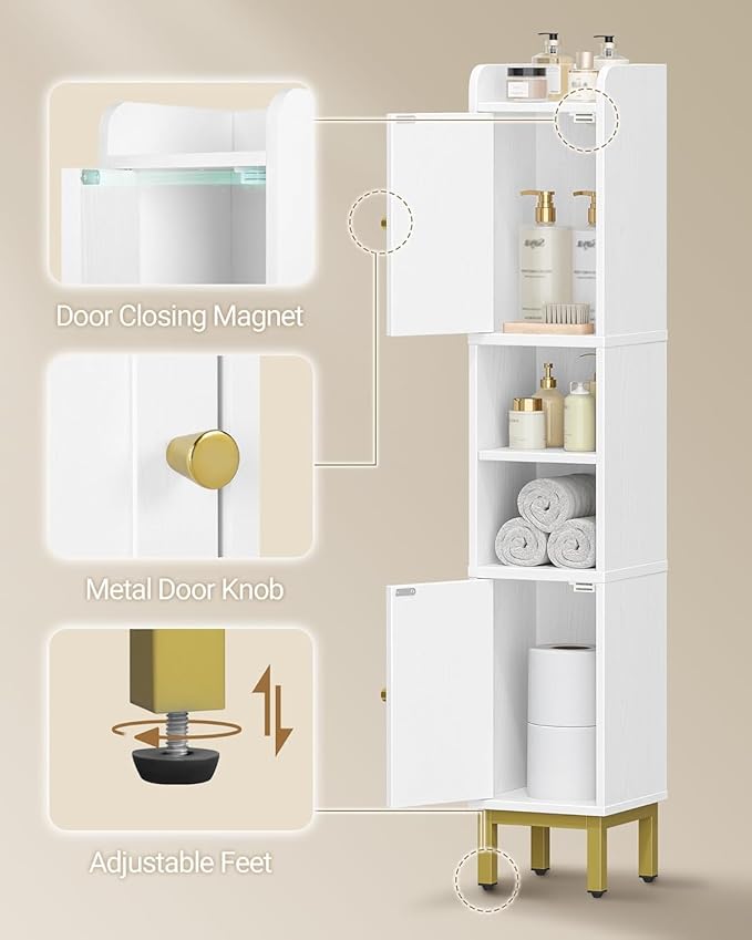 Slim Bathroom Storage Cabinet, Narrow Bathroom Organizers and Storage with 4 Adjustable Feet, Laundry Room Organization for Small Space, Kitchen, Living Room, 2 Doors White BC22413G