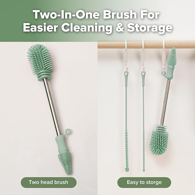 Silicone Cleaning Brush Kit - Baby Bottle Brush Cleaner for Breast Pump,Nipple,Breast Milk Storage Bag,Reusable Straw,Sippy Cup - Food Grade Silicone Bristles, Portable - 3 Pcs - Pea Green