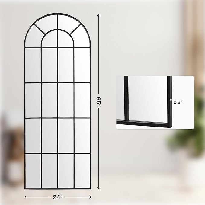 Arched Windowpane Mirror Full Length 65"x24" Wall Mounted Black Art Pane Farmhouse Decorative Floor Mirror Leaning Hanging Wall Mirror for Bedroom Living Room Entrance