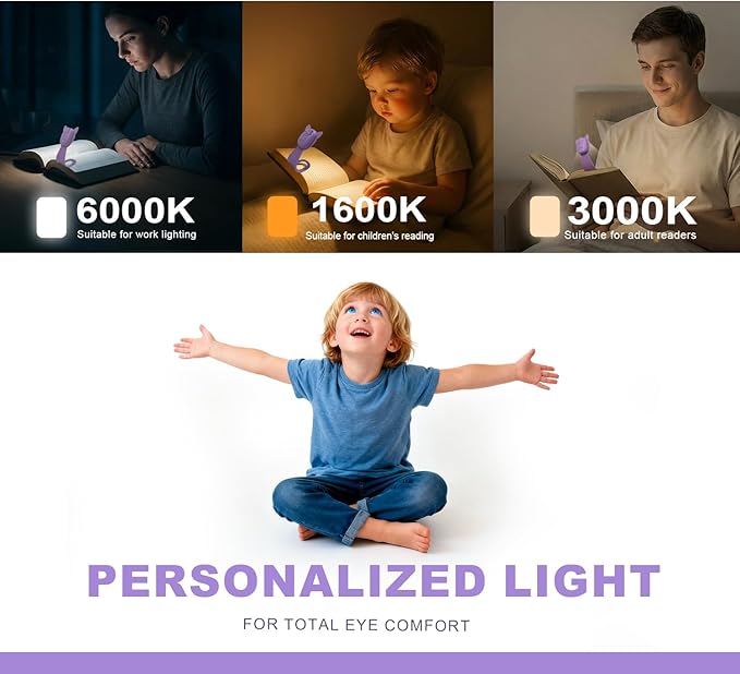 Rechargeable Kids Book Light, Cute Bookmark Reading Light for Kids, Dimmable Portable LED Book Light for Reading in Bed, Eye-Caring Bedtime Reading Lamp for Children & Travel, Purple