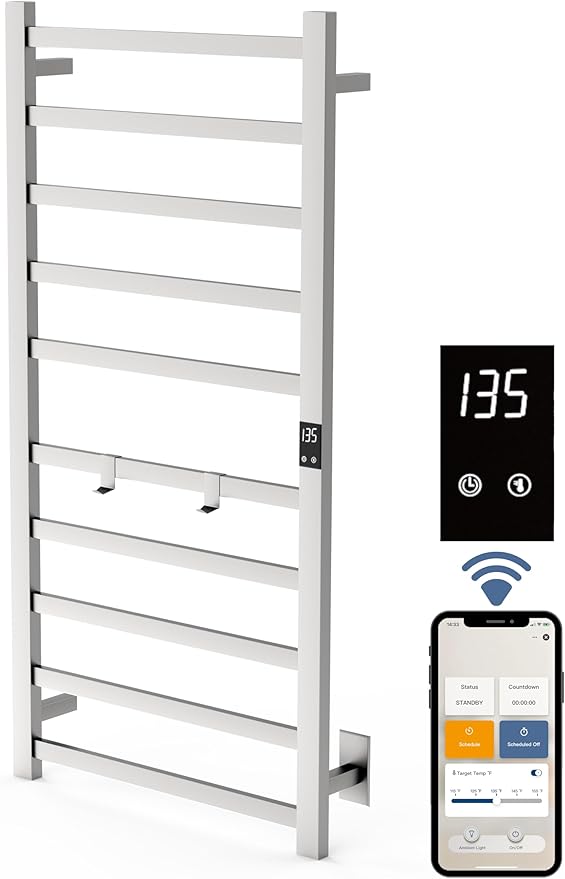Smart Wireless Electric Towel Warmer | Blade Thin 10 Bar Design | Hardwired & Plug-in | Alexa & Google Home Compatible | Brushed Finish