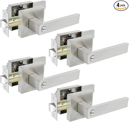 KAMOTA Privacy Door Levers, 4 Pack Satin Nickel Door Handles Bed and Bath Door Locks Interior Keyless Locksets, Left and Right Hand Reversible