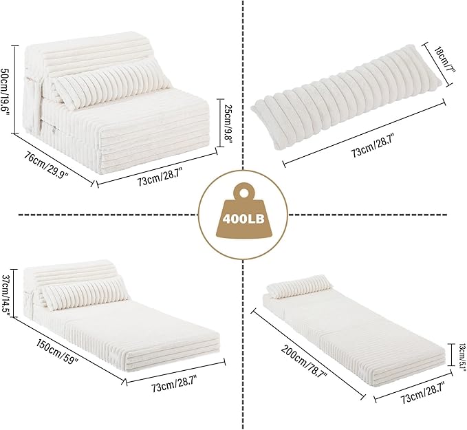 Tiita Folding Sofa Bed Single Size, Convertible Sleeper Chair Mattress with Pillow, Thick Corduroy Floor Mattress Couch Bed with Side Pocket, Guest Room, Dorm, Apartment, Beige