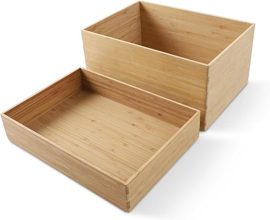 2-Piece Large Bamboo Storage Box Set - 7.1in High Stackable Deep-Drawer Organizer, Lidless Bin for Kitchen Cutlery Utensils, Home & Office (14.6"x10.2"x7.1"+14.6"x10.2"x3.1")