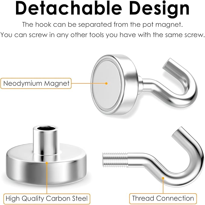 Magnetic Hooks Heavy Duty, 80 lbs Strong Hooks for Hanging, Magnet with Hook for Cruise, Grill, Fridge, Pack of 6, Silver