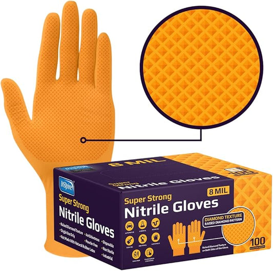 Inspire Heavy Duty Orange Nitrile Gloves | ULTRA 8 Mil Diamond Textured Grip | Industrial Mechanic Disposable Cleaning Gloves