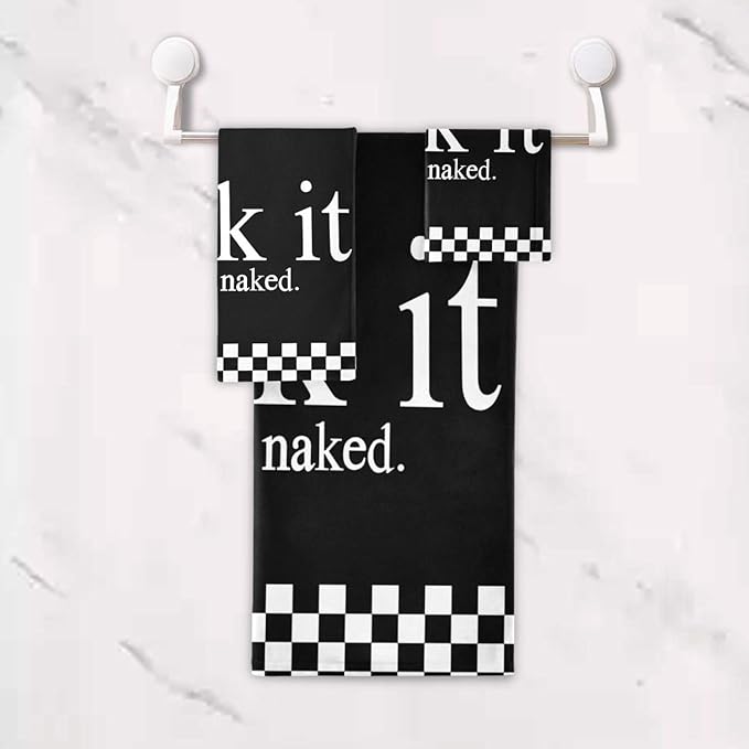 Black and White Checkered Bath Towels Set,Ultra Soft 3 Piece Funny Quotes Get Naked Towels for Bathroom,1 Bath Towel 1 Hand Towel 1 Washcloth,Absorbent Quick Dry Decoractive Bathroom Towels