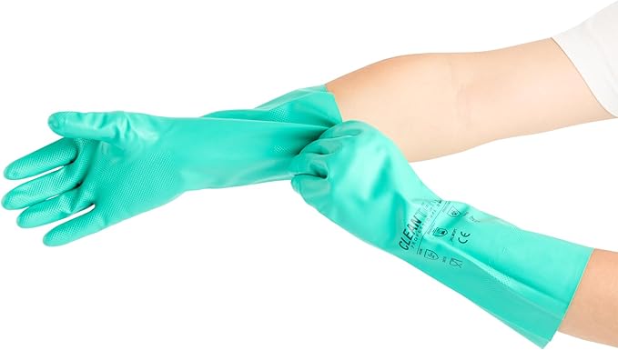 Clean Tek Professional 15 Mil Small Cleaning Gloves, 1 Pair Of Long Cuff Gloves - Flock Lining, No-Powder, Green Nitrile Chemical Tolerant Gloves, No-Latex, Heavy-Duty Tasks