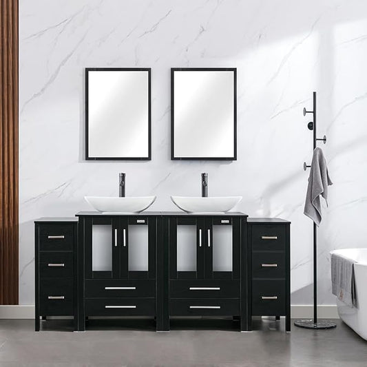 eclife 72" Modern Bathroom Vanity Sink Combo Freestanding Cabinet with Small Side Cabinet, White Curved Ceramic Vessel Sink, Water Save Faucet, Drain (Black+T32)