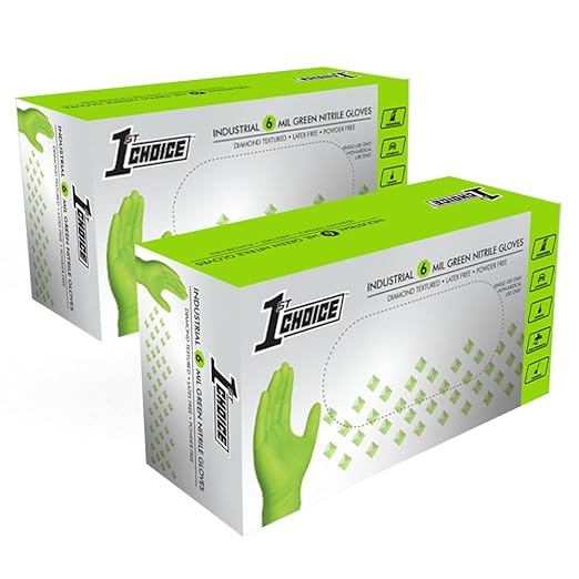 1st Choice 6 mil Green Gloves, Disposable, Latex Free, Raised Diamond Grip, Mechanic Glove for Men, Large, 2 Boxes of 100