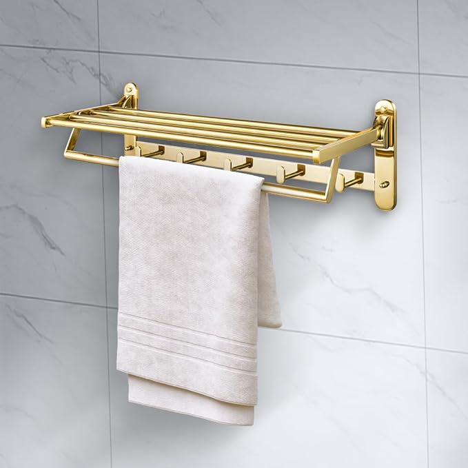 Roshan Handcrafted and Hand Polished Multi Purpose Towel Rack, SUS304 Stainless Steel Rust Proof and Peel Resistant Towel Shelf, Towel Hook, Includes 2 Handmade Hooks (3, Gold)
