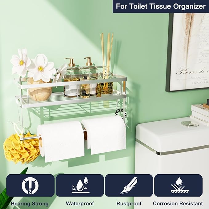 ESOW Paper Towel Holder with Shelf Storage, Adhesive Wall Mount 2-in-1 Basket Organizer for Kitchen & Bathroom, Durable Metal Wire Design, Stainless Steel 304 Brushed Nickel Finish