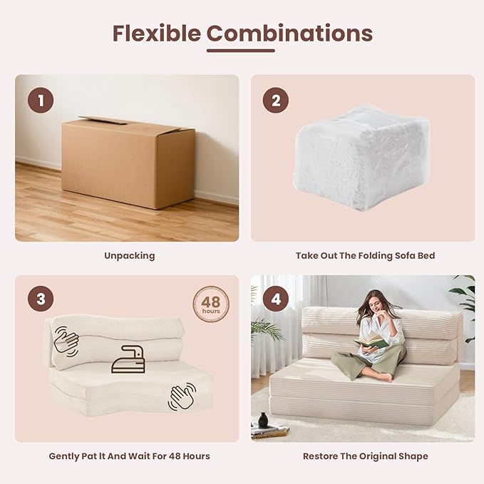 Folding Mattress Full Size, 3 in 1 Convertible Sofa Bed Fold Out Couch Bed Floor Couch Lounge Sleeper Mattress for Living Room, Guest Room, High-Density Memory Foam 5'' Thickness, Beige, Corduroy