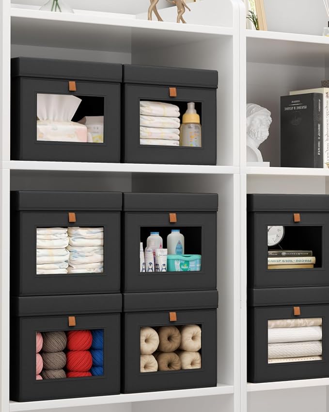 Storage Bins with Lid – Closet Organizer with Side Opening and Clear Window, Foldable Stackable Fabric Basket for Clothes, Home, Office - 13.77" x 11.8" x 9.8", 4 Pack, Black