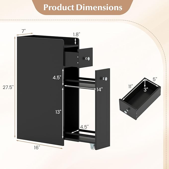 Giantex Slim Bathroom Storage Cabinet, Space-saving Toilet Side Cabinet with Slide-out Drawers on 3 Wheels, Freestanding Narrow Toilet Paper Holder for Living Room, Laundry Room, Compact Space (Black)