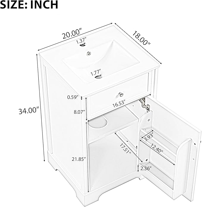 Merax 20 Inch Small Bathroom Vanities Storage Cabinet with Undermount Sink, Two-Tier Door Shelf, White