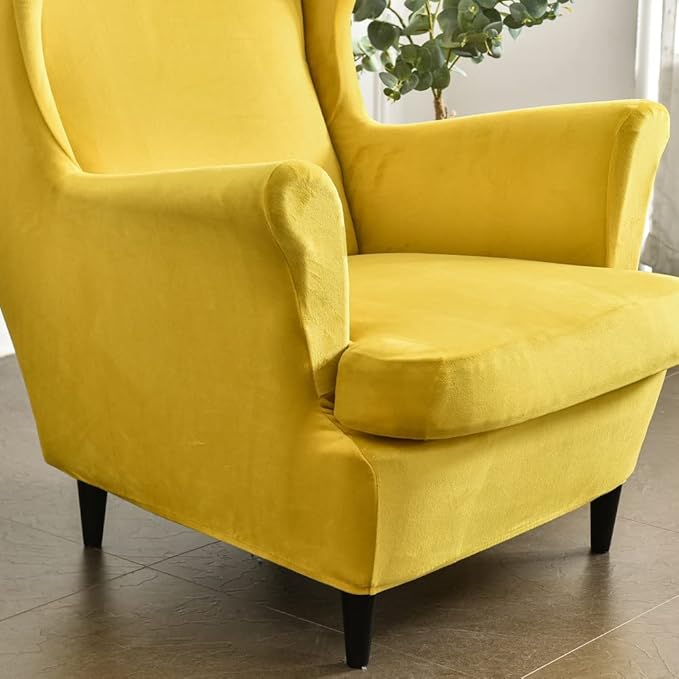 OBCREAT Wingback Chair Covers,2 Piece Stretch Velvet Wingback Chair Slipcover Soft Wing Chair Sofa Covers with Elastic Bottom,Armchair Couch Cover Furniture Protector for Living Room (Yellow)
