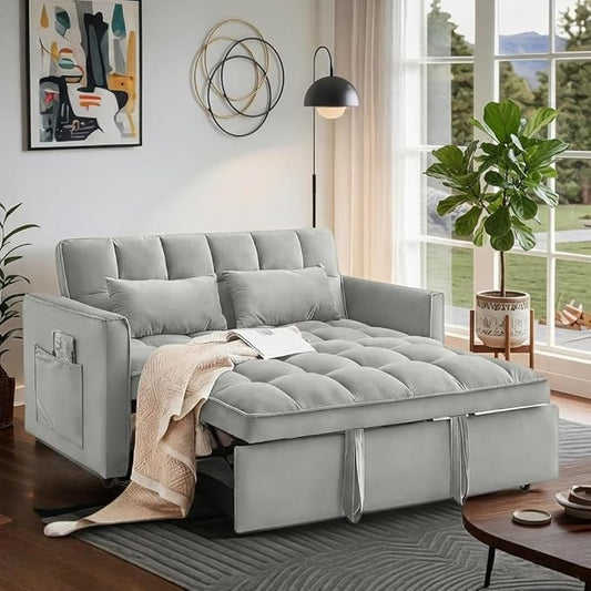 Convertible Sofa Bed, Love Seat Sleeper Bed with Side Pockets, 3 in 1 Velvet Fabric Pull Out Couch with Adjustable Backrest for Living Room, Bedroom, Apartment, Gray