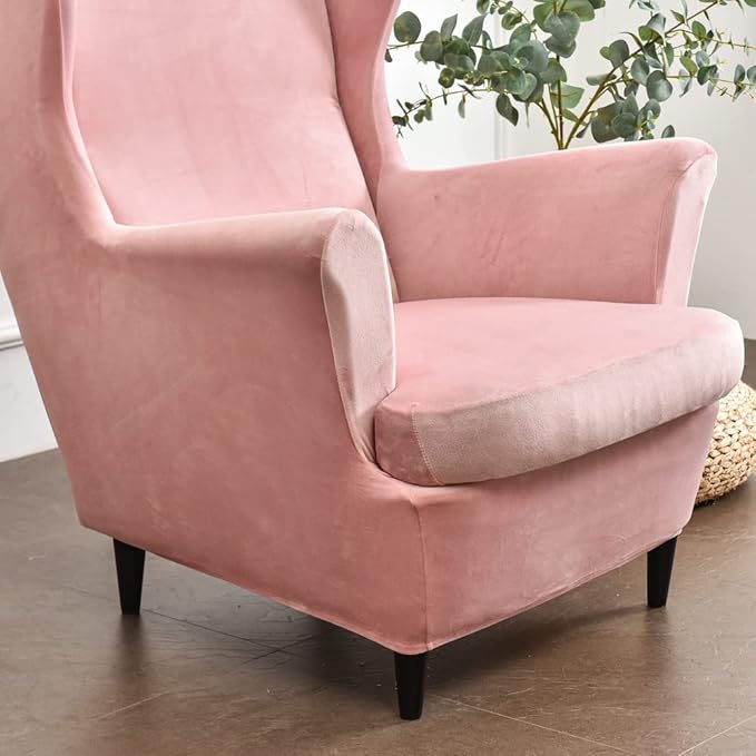 OBCREAT Wingback Chair Covers,2 Piece Stretch Velvet Wingback Chair Slipcover Soft Wing Chair Sofa Covers with Elastic Bottom,Armchair Couch Cover Furniture Protector for Living Room (Pink)