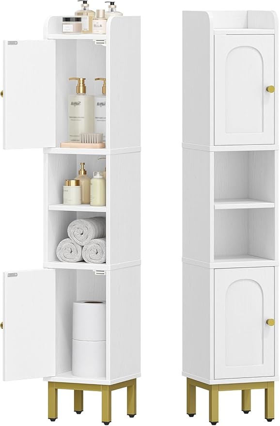 Slim Bathroom Storage Cabinet, Narrow Bathroom Organizers and Storage with 4 Adjustable Feet, Laundry Room Organization for Small Space, Kitchen, Living Room, 2 Doors White BC22413G