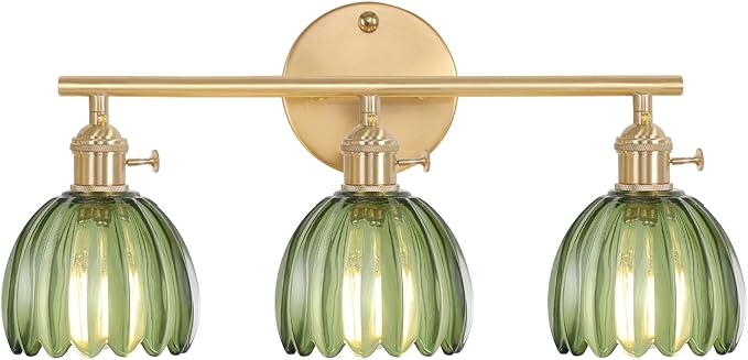 Bathroom Light Fixtures, 3-Light Brass Vanity Wall Light Over Mirror with Green Tulip Glass Shade for Bedroom Living Room (Bulb Not Included)