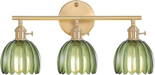 Bathroom Light Fixtures, 3-Light Brass Vanity Wall Light Over Mirror with Green Tulip Glass Shade for Bedroom Living Room (Bulb Not Included)