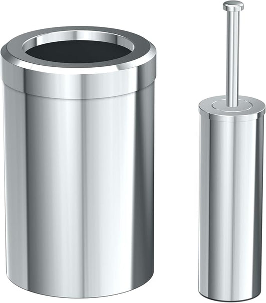 Gatco Small Bathroom Trash Can With Lid And Toilet Brush Set, Round 3 Gallon Stainless Steel Wastebasket, Under Sink, Chrome, For Bathroom, Bedroom, Office (2975)