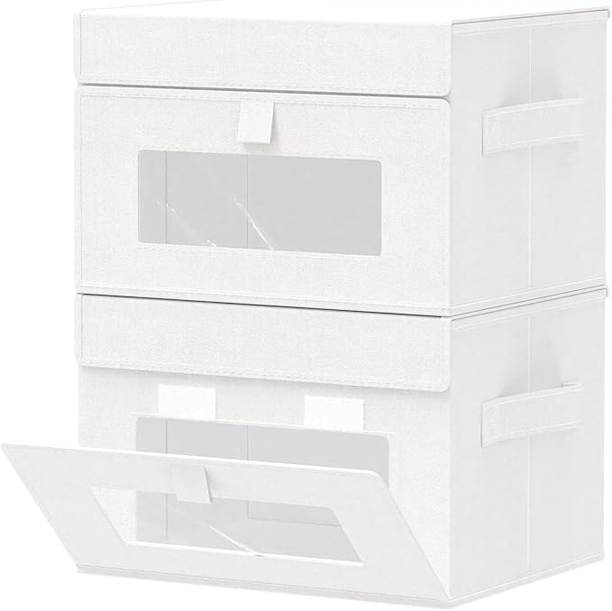 Storage Bins with Lids, Cube Organizer Basket with Window, Closet Boxes with Carrying 2 Handles and Sturdy PP Support Plate, 2 Pack, White, 10.2 x 7.9 x 6.7 In, XSNY17WS-2