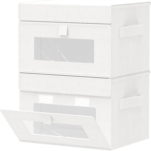 Storage Bins with Lids, Cube Organizer Basket with Window, Closet Boxes with Carrying 2 Handles and Sturdy PP Support Plate, 2 Pack, White, 10.2 x 7.9 x 6.7 In, XSNY17WS-2